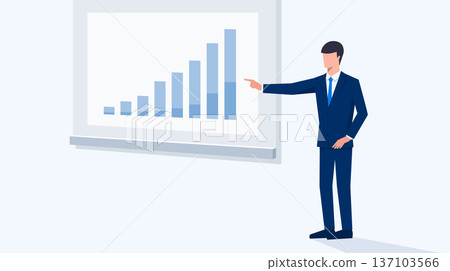 Vector illustration of a person giving a presentation while pointing at a graph on the screen Vector illustration of a person giving a presentation while pointing at a graph on the screen 137103566