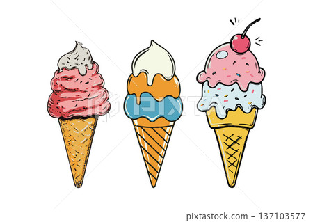 Three deliciously decorated ice cream cones in playful hand-drawn style on white background, representing fun, summer, and sweet dessert joy Three deliciously decorated ice cream cones in playful hand-drawn style on white background, representing fun, summer, and sweet dessert joy 137103577