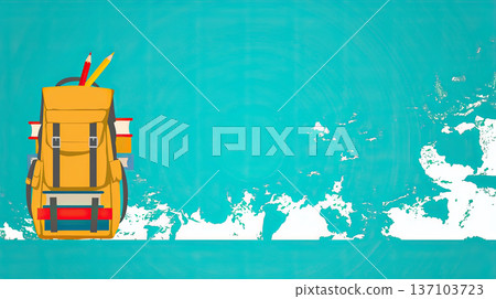 yellow backpack filled with school supplies, including pencils and books, is placed against turquoise background with world map design 137103723