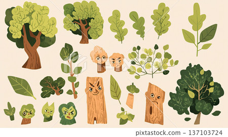 Various cartoon style trees, leaves, and wooden stumps with expressive faces are illustrated playful and whimsical manner. artwork features 137103724