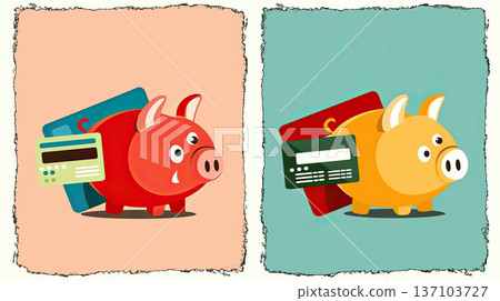 Cute piggy banks in red and yellow colors holding credit cards, symbolizing savings and financial management. background features pastel tones 137103727