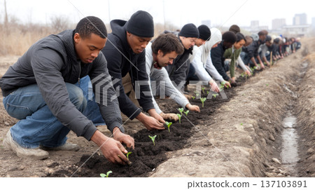 Young diverse volunteers planting seedlings in community garden on cloudy day, showing teamwork and care for environment Young diverse volunteers planting seedlings in community garden on cloudy day, showing teamwork and care for environment 137103891