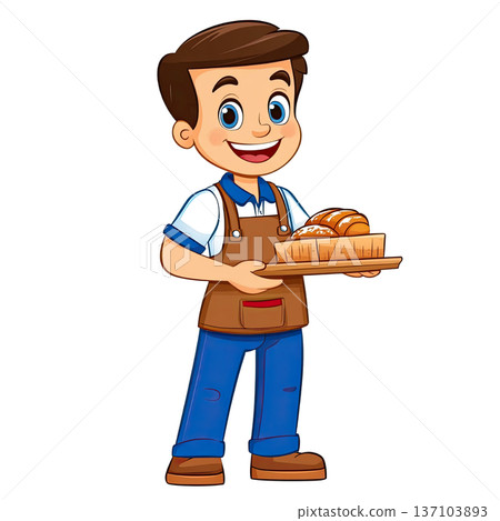 Happy boy holding tray of baked bread, wearing white shirt, brown apron, and blue jeans, smiling cheerfully, in cartoon style Happy boy holding tray of baked bread, wearing white shirt, brown apron, and blue jeans, smiling cheerfully, in cartoon style 137103893