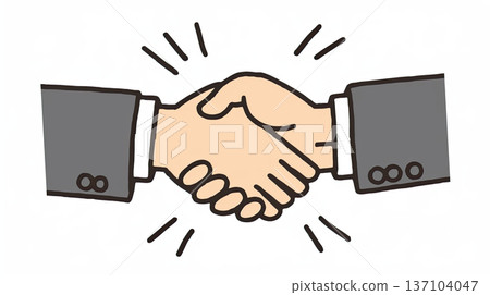 simple illustration of two hands shaking, symbolizing agreement, partnership, or collaboration. hands are outlined black, with motion lines 137104047