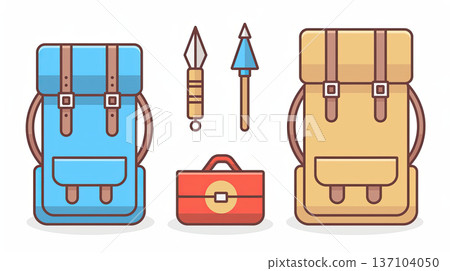 Camping gear illustration featuring two backpacks, red toolbox, and camping tools including spear and fire starter 137104050