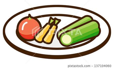 plate with colorful vegetables, including tomato, celery sticks, and yellow carrot slices, illustrated in simple and vibrant style 137104060