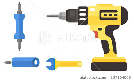 yellow cordless drill with screwdriver bit, accompanied by blue screwdriver handle, wrench, and bit holder, all in flat style 137104066