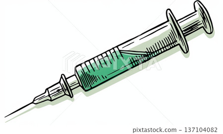 detailed illustration of syringe with green liquid, showcasing medical equipment in clean and precise style 137104082