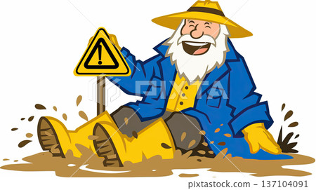 cheerful man in raincoat and yellow boots sits in muddy puddle, holding caution sign, enjoying moment with big smile 137104091