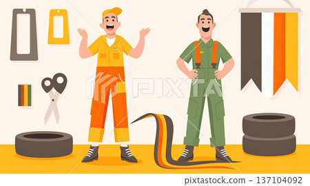 Two cheerful mechanics in colorful uniforms stand in workshop surrounded by tools, tires, and ribbon in black, red, and yellow 137104092