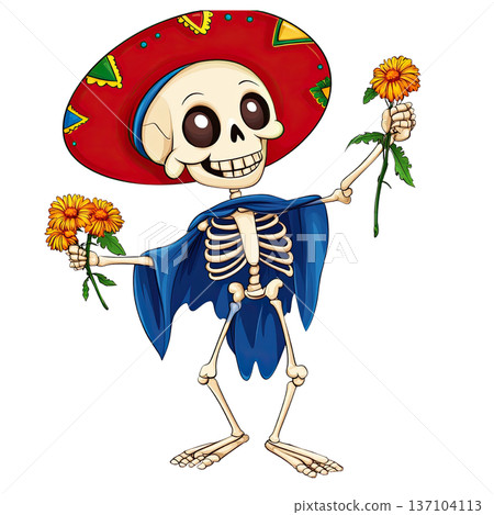 Cheerful skeleton wearing colorful sombrero and blue cape, holding flowers, celebrating Day of Dead with joyful expression and festive attire 137104113