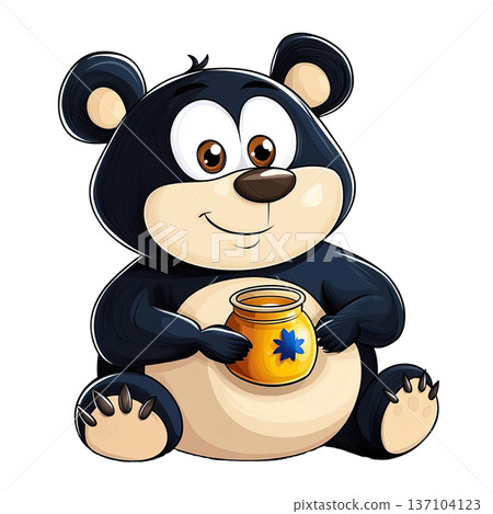 Cute cartoon bear holding jar of honey, smiling happily, with big expressive eyes and friendly appearance, perfect for children books 137104123