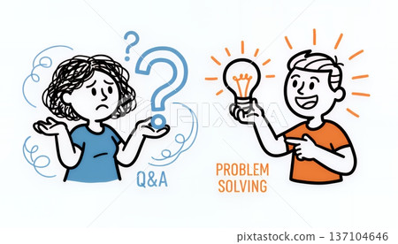 A business illustration of a man and woman holding a question mark and a light bulb, symbolizing "Q&A" and "problem solving" 137104646