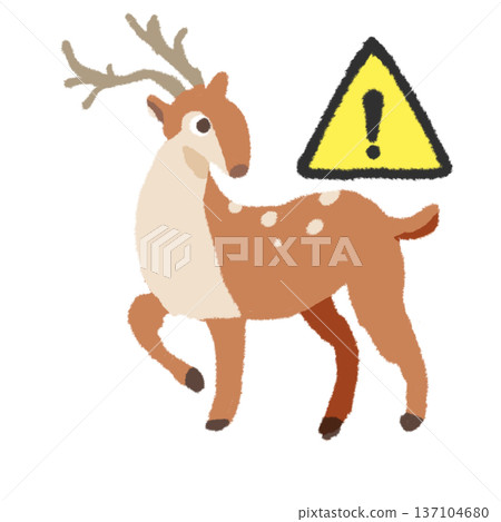Traffic safety illustration: Caution sign and deer. Cute animal danger warning. 137104680