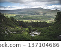hikers walks on stony path besind river on the European mountains in summer 137104686