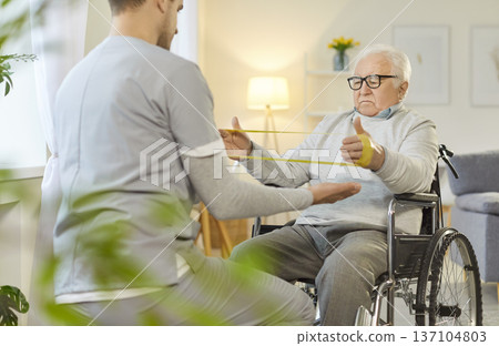 Doctor Or Nurse Conducting Rehabilitation With Elderly Patient In Wheelchair 137104803