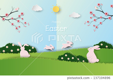Happy Easter greeting card,Spring garden with cute cartoon rabbits family happy on sunshine day Happy Easter greeting card,Spring garden with cute cartoon rabbits family happy on sunshine day 137104896