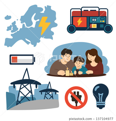 Energy blackout and electricity icons with family, battery, map and power line Energy blackout and electricity icons with family, battery, map and power line 137104977
