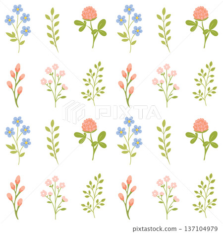 Botanical seamless pattern with wild flower, leaf and clover branch Botanical seamless pattern with wild flower, leaf and clover branch 137104979