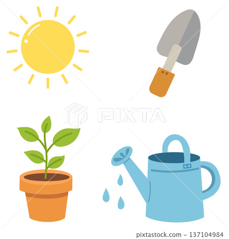 Gardening equipment and plant set with sun, watering can and flower pot Gardening equipment and plant set with sun, watering can and flower pot 137104984