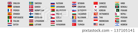 World main languages. Set of 42 language labels with flag and English name. Vector icon and text. Applicable to product labeling, translators, communication templates. 137105141