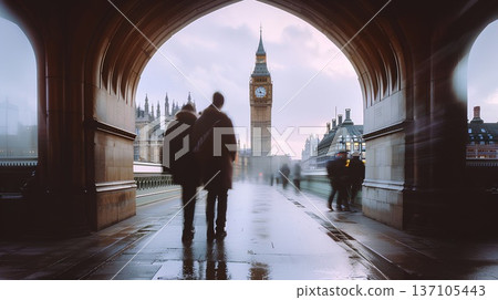 over-the-shoulder photo of two people walking past big ben in london, taken from an arched doorway, with motion blur 137105443