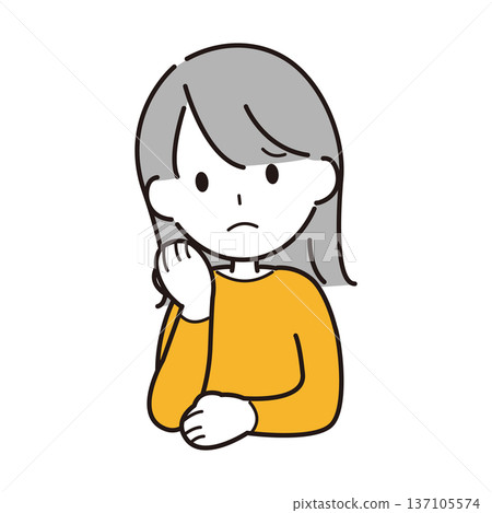 Illustration of a worried woman resting her chin on her hand 137105574