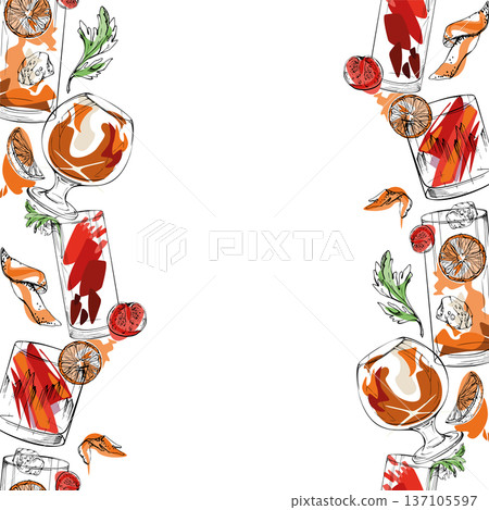 Aperol spritz, Bloody Mary, Old-fashioned brandy and Negroni seamless banner, simple ink silhouettes. Hand drawn vector strip for digital design, menu borders, lifestyle pages, stationery packaging. Aperol spritz, Bloody Mary, Old-fashioned brandy and Negroni seamless banner, simple ink silhouettes. Hand drawn vector strip for digital design, menu borders, lifestyle pages, stationery packaging. 137105597