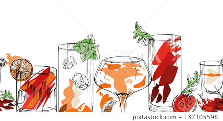 Bloody Maty cocktail, Flatliner shot, Negroni, Long Island drinks, Seamless cocktail ribbon with hand drawn ink outline for social headers, culinary sites, recipe modules, event pages, wrapping edges. Bloody Maty cocktail, Flatliner shot, Negroni, Long Island drinks, Seamless cocktail ribbon with hand drawn ink outline for social headers, culinary sites, recipe modules, event pages, wrapping edges. 137105598