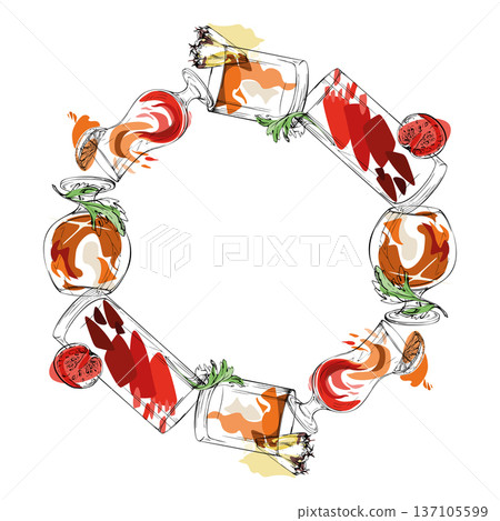 Circular vector wreath of Bloody Mary cocktail, tomato juice, tea or lemonade, amber spirits. Hand drawn ink outline. Sticker seals, label badges, festive packaging, blog ornaments, mixology branding. 137105599