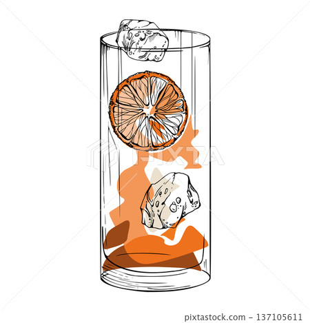 Vector Long Island Iced Tea with orange citrus wedge, ice cubes in highball glass hand drawn in ink. Amber tones and subtle transparency effects for modern bar visuals, branding, and pattern design. 137105611