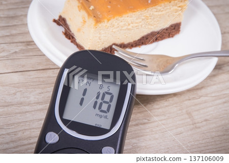 Glucose meter with high result sugar level and portion of sweet cheesecake. Glucose meter with high result sugar level and portion of sweet cheesecake. 137106009