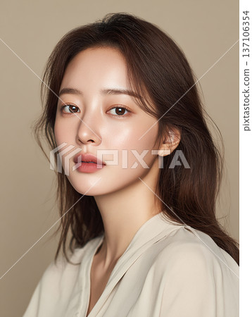一位二十多歲的日本女性穿著白襯衫，皮膚光滑細膩。 137106354