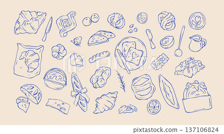 Set of bakery whimsical doodles. Hand drawn food elements for morning meal design Set of bakery whimsical doodles. Hand drawn food elements for morning meal design 137106824