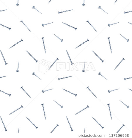 Seamless pattern with screws on an isolated background. Watercolor illustration of a realistic working tool for fixation. It is suitable for packaging, wallpaper, and workshop decoration. Seamless pattern with screws on an isolated background. Watercolor illustration of a realistic working tool for fixation. It is suitable for packaging, wallpaper, and workshop decoration. 137106968