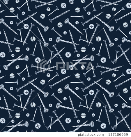 Seamless pattern with screws and nails on a dark background. Watercolor illustration of a realistic working tool for home renovation. Background for packaging, wallpaper, wrapping paper. Seamless pattern with screws and nails on a dark background. Watercolor illustration of a realistic working tool for home renovation. Background for packaging, wallpaper, wrapping paper. 137106969