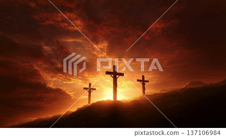 Three crosses on a hill silhouetted against a time-lapse sunrise. The crucifixion of Jesus Christ representing faith, hope, and resurrection. Christian Easter and Good Friday concept Three crosses on a hill silhouetted against a time-lapse sunrise. The crucifixion of Jesus Christ representing faith, hope, and resurrection. Christian Easter and Good Friday concept 137106984