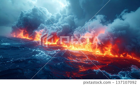 滾燙的熔岩流入海洋，巨大的蒸氣泡（大自然的奧秘，背景素材） 137107092