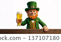 A high-quality 3D render of a cheerful leprechaun holding a pint of beer while standing behind a wooden bar counter. 137107180