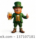 A high-quality 3D render of a cheerful leprechaun holding a glass of beer and giving a thumbs up. He is dressed in a traditional green St. Patrick's Day costume 137107181