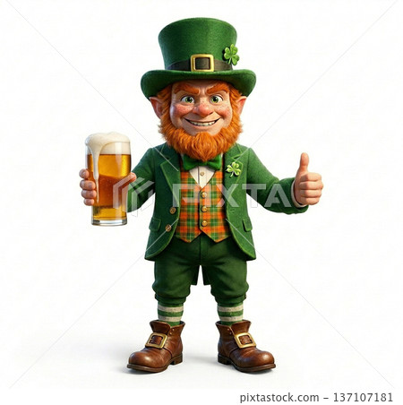 A high-quality 3D render of a cheerful leprechaun holding a glass of beer and giving a thumbs up. He is dressed in a traditional green St. Patrick's Day costume 137107181