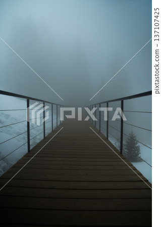 Wooden bridge pathway vanishing into thick fog Wooden bridge pathway vanishing into thick fog 137107425