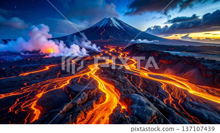 滾燙的熔岩流過廣闊的火山區,濃煙滾滾升騰(空拍照片,背景素材) 滾燙的熔岩流過廣闊的火山區,濃煙滾滾升騰(空拍照片,背景素材) 137107439