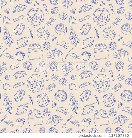 Seamless pattern of bakery whimsical doodles. Hand drawn food elements for morning meal design Seamless pattern of bakery whimsical doodles. Hand drawn food elements for morning meal design 137107880