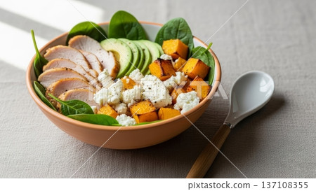 Healthy roasted squash and chicken salad bowl with spinach avocado and feta for menu background or food banner 137108355