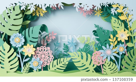 Wide layered paper jungle scene with tropical leaves and pastel flowers for banner background and poster design Wide layered paper jungle scene with tropical leaves and pastel flowers for banner background and poster design 137108359