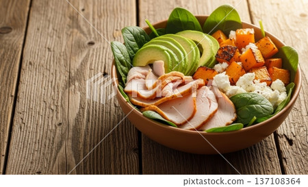 Sliced turkey chicken avocado spinach bowl with roasted sweet potato and feta for healthy menu background and food blog banner Sliced turkey chicken avocado spinach bowl with roasted sweet potato and feta for healthy menu background and food blog banner 137108364