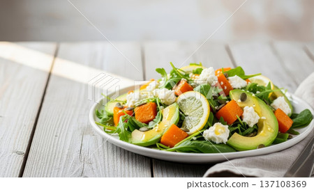 Roasted squash and avocado salad with arugula lemon and goat cheese for healthy menu background and food banner Roasted squash and avocado salad with arugula lemon and goat cheese for healthy menu background and food banner 137108369