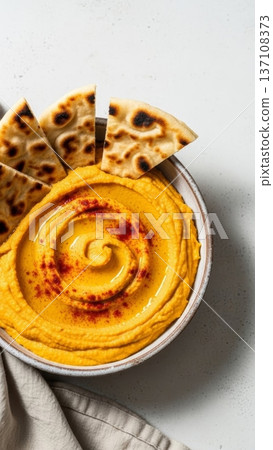 Creamy roasted pumpkin hummus bowl with flatbread slices for autumn menu background and food blog banner design 137108373