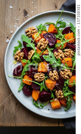 Roasted beet and pumpkin arugula salad with walnuts and olive oil for healthy menu background and recipe banner Roasted beet and pumpkin arugula salad with walnuts and olive oil for healthy menu background and recipe banner 137108381
